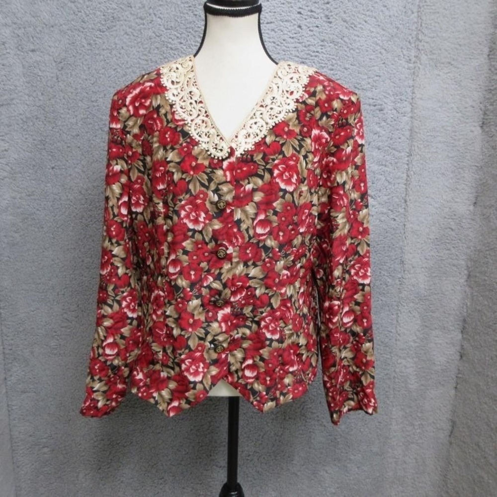 Vintage Leslie Fay Floral  Blouse Womens 12 Red Lace Collar Feminine Prairie‎